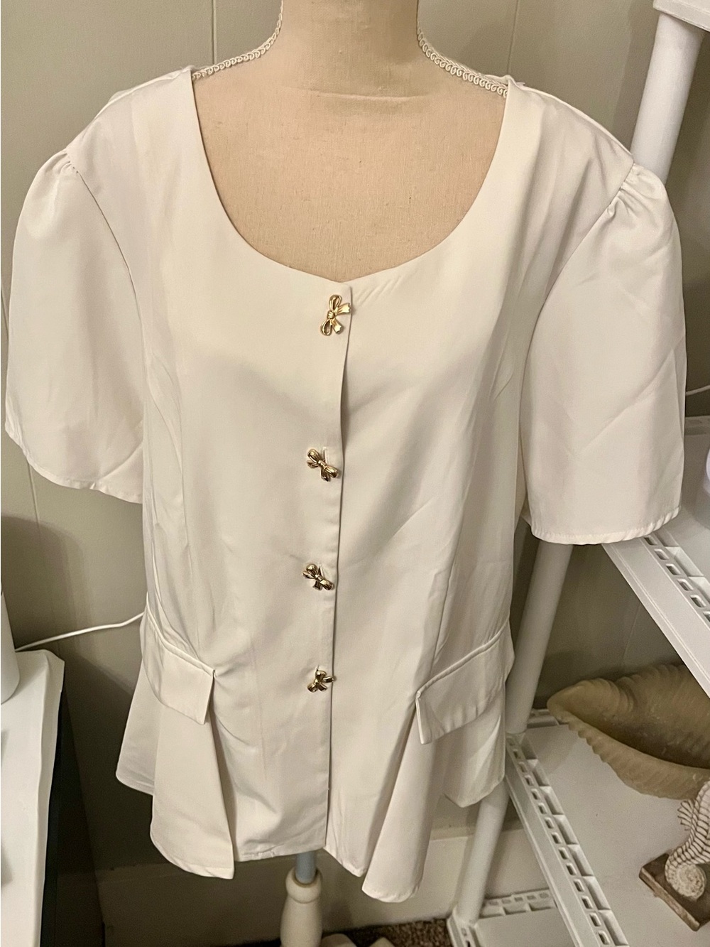 Cream Short-Sleeve Button Front Women's Top